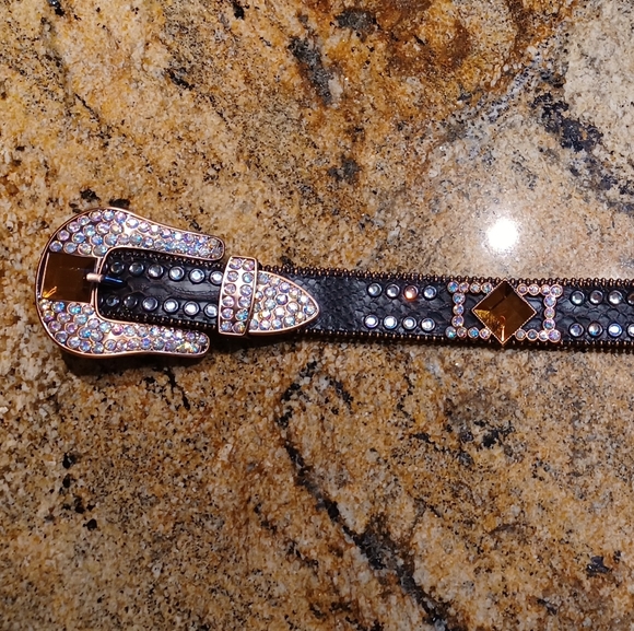 Buckle Bling Rhinestone Rose Gold Hardware Brown Snakeprint Leather Belt NEW - Picture 8 of 11